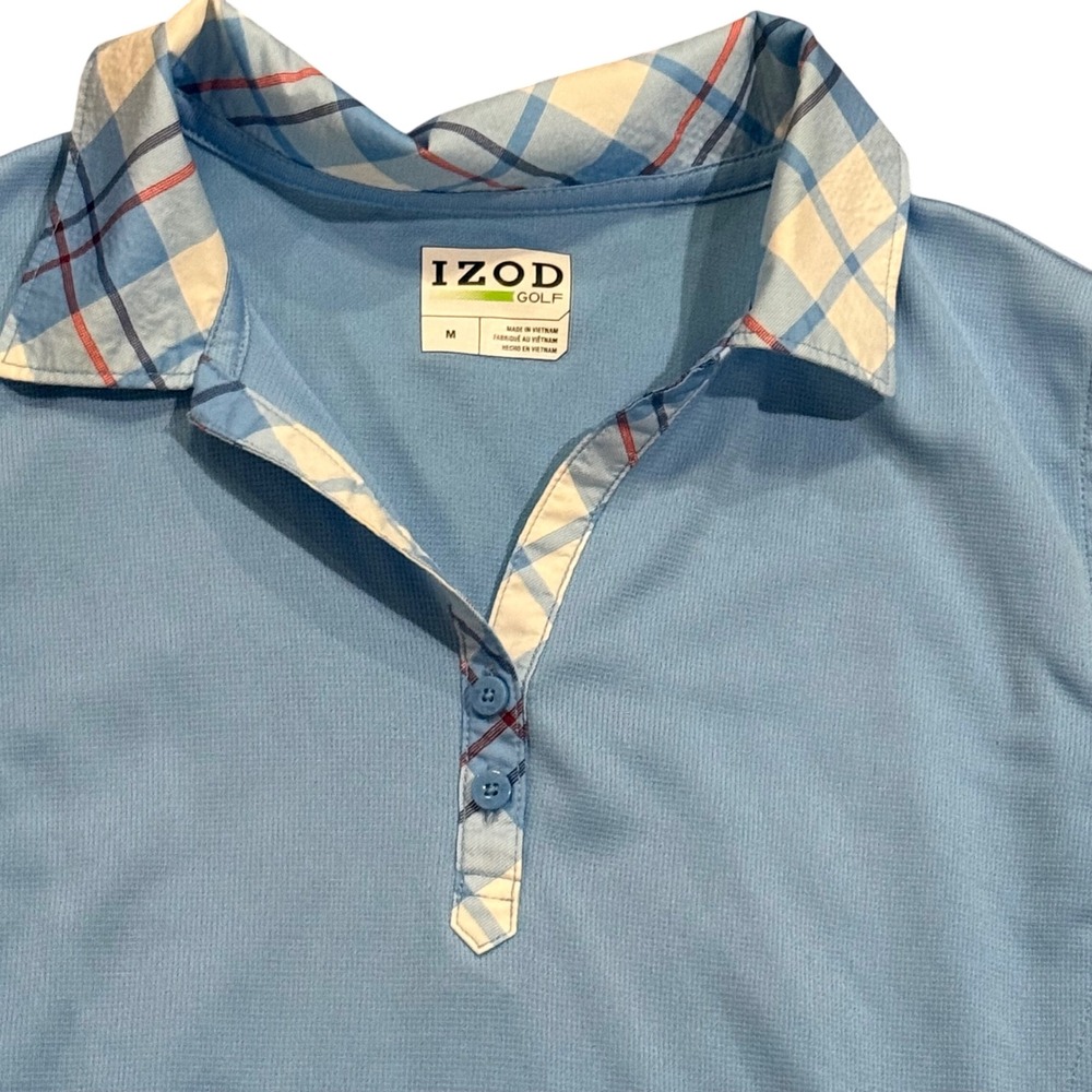 IZOD Golf Womens Sleeveless Polo Shirt Light Blue Plaid Collar Size Medium - Picture 2 of 3